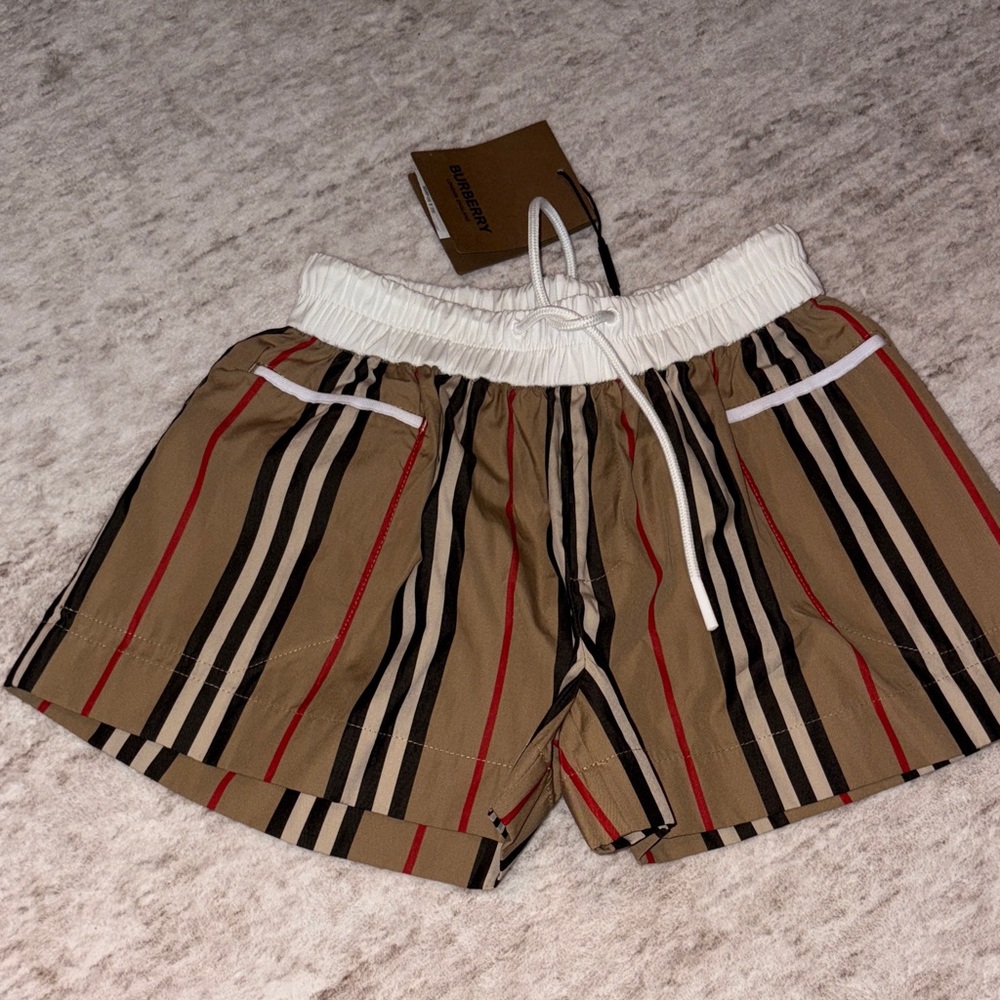 Burberry High Waist Striped Shorts in Tan and Red